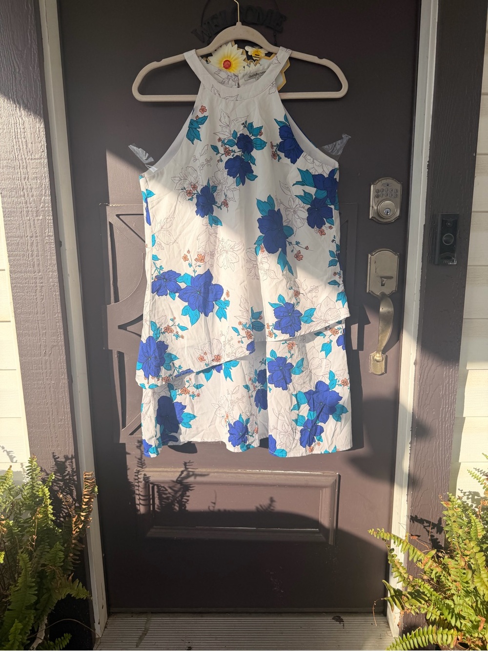 Charlotte Russe White Halter Dress with Blue Floral Print